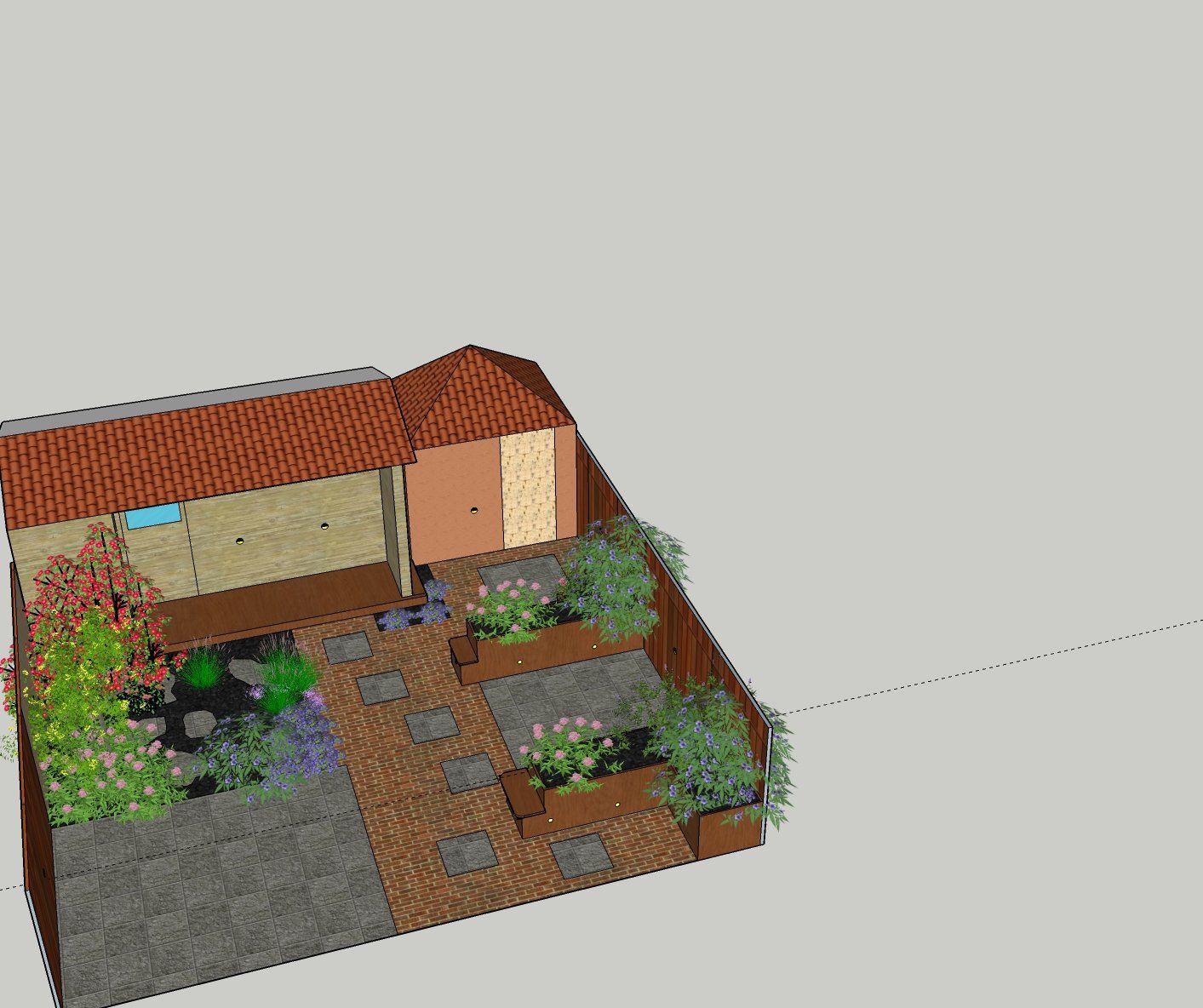 3D-weergave van een tuin met een huis. De tuin bevat onder andere een vijver, bloembakken en een terras van bakstenen.