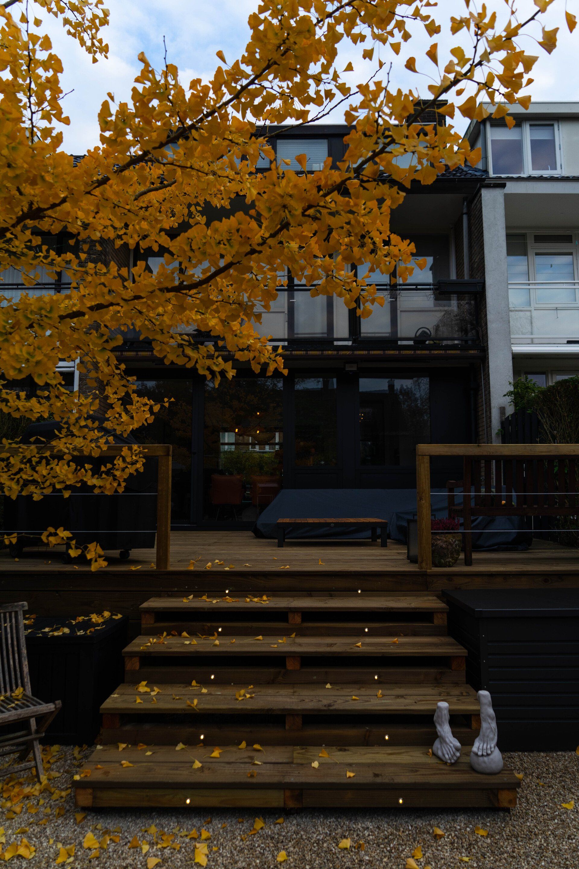 Houten terras met trappen, met daarachter een modern huis en een herfstboom met gele bladeren.