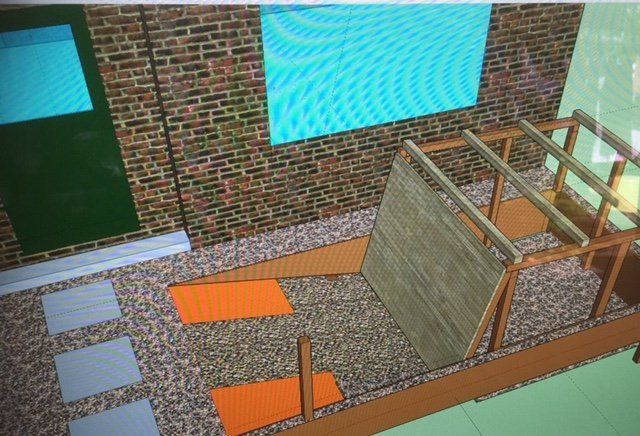 Bovenaanzicht van een tuinontwerp met een bakstenen muur, houten constructie, stenen pad en oranje accenten.