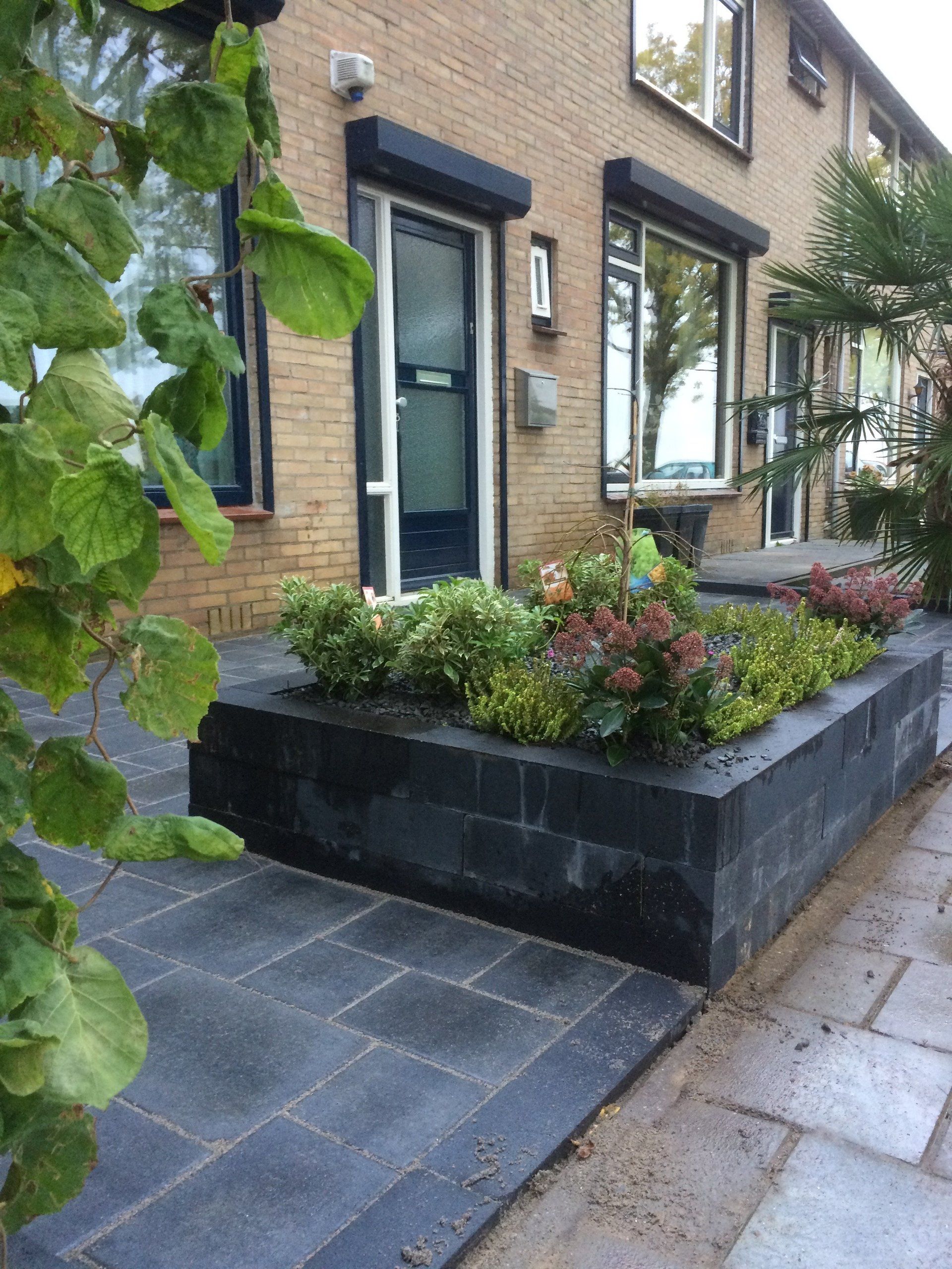 Lage bakstenen plantenbak met bloemen voor een bakstenen huis.