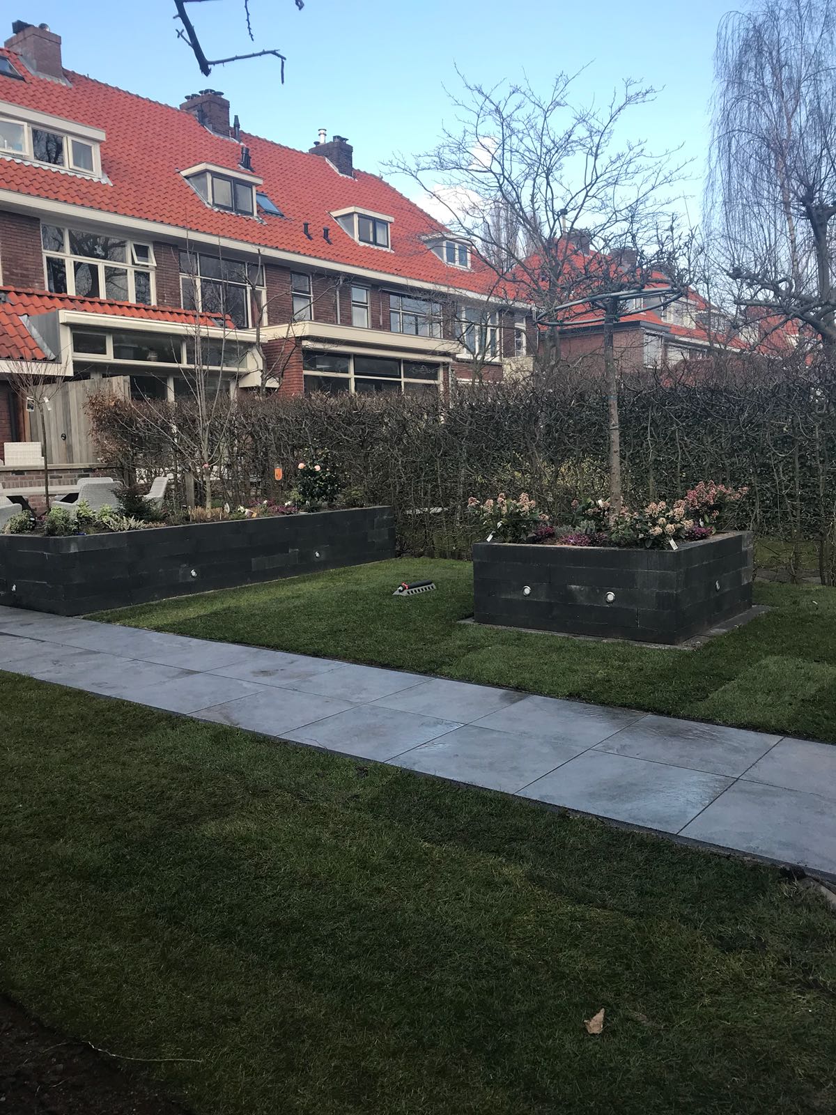 Rij bakstenen huizen met rode pannendaken, met daarvoor tuinen en een trottoir.