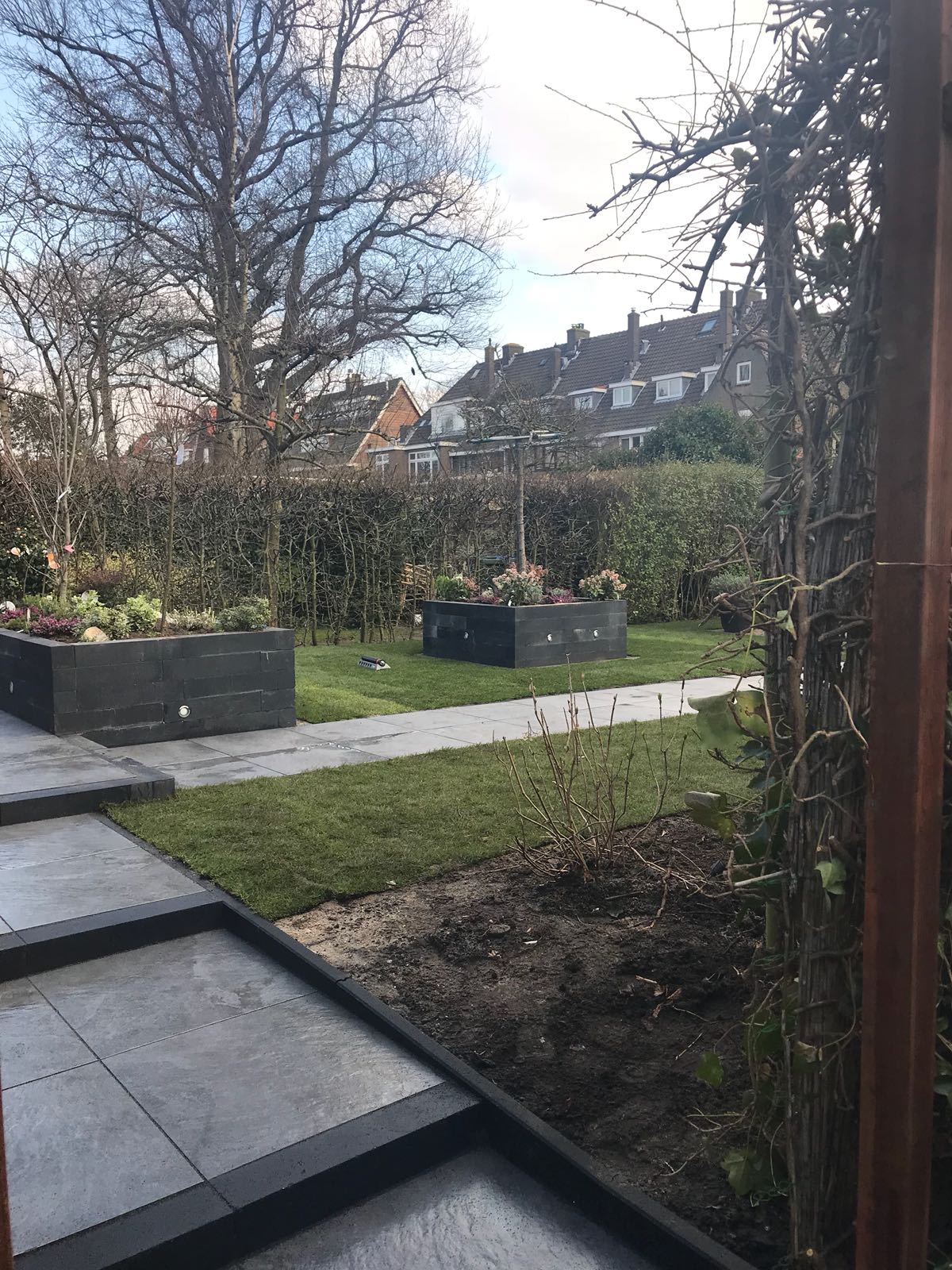 Achtertuin met rechthoekige plantenbakken, een pad en uitzicht op huizen in de verte.