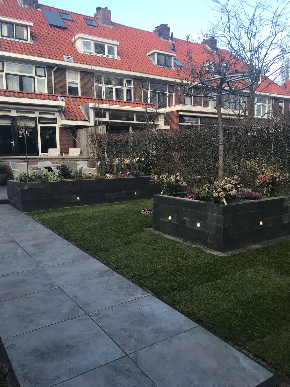 Rijtjeshuizen met rode pannendaken, een gazon met rechthoekige plantenbakken en een grijs trottoir.