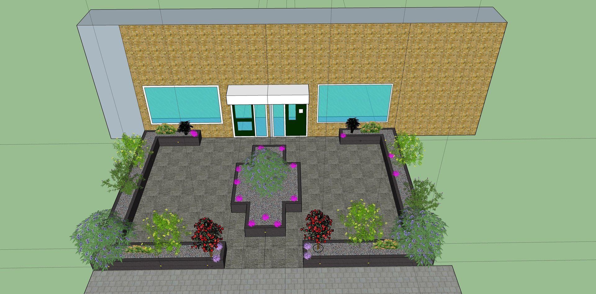 Een impressie van de buitenkant van een gebouw met een terras, plantenbakken en tuinaanleg.