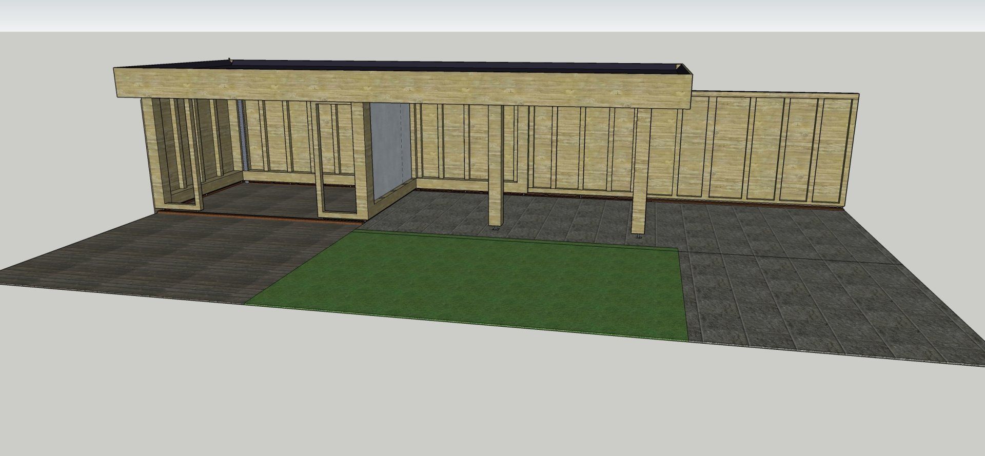 Een 3D-model van een gebouw in aanbouw, met houten frame en een donker dak.