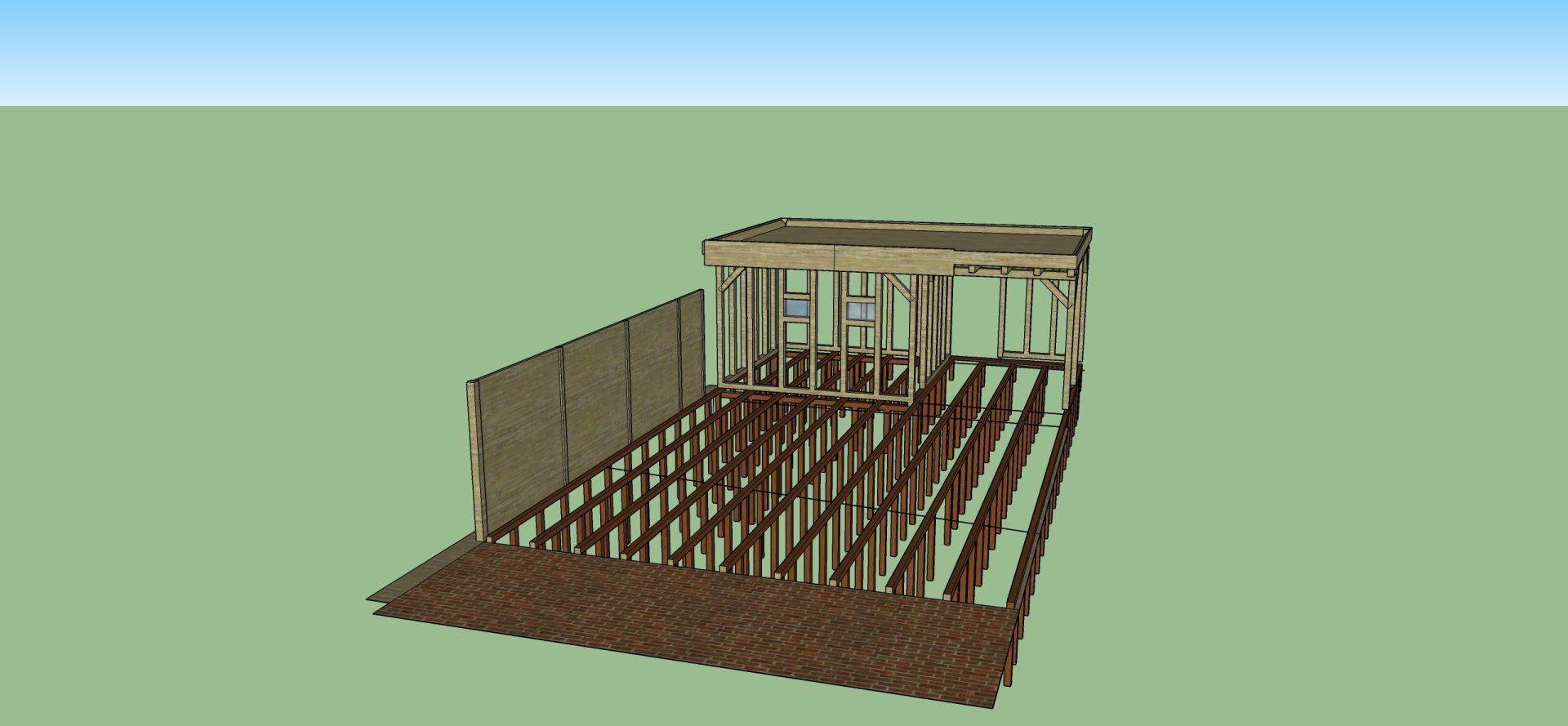 3D-weergave van een houten constructie in aanbouw, met zichtbare balken en een gedeeltelijk gebouwd dak, op een groene achtergrond.