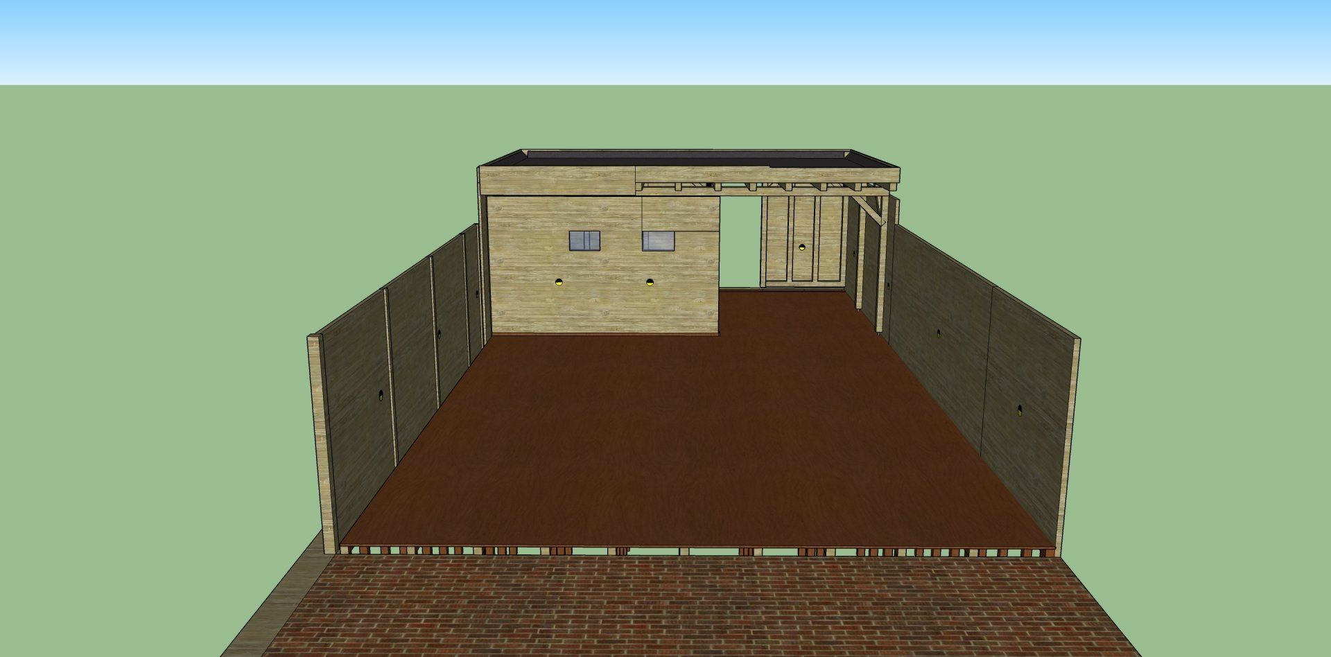 3D-weergave van een houten constructie met open zijkanten en een centraal gebouw, bruin interieur en een blauwe lucht op de achtergrond.