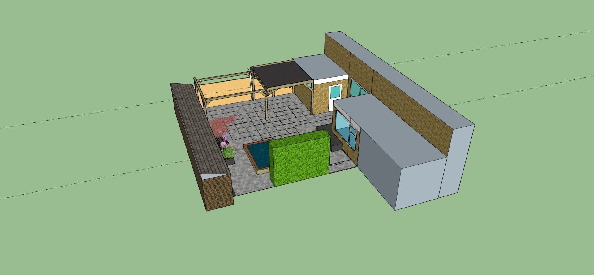 3D-architectuurmodel van een gebouw met meerdere verbonden secties, met diverse materialen en een binnenplaats.