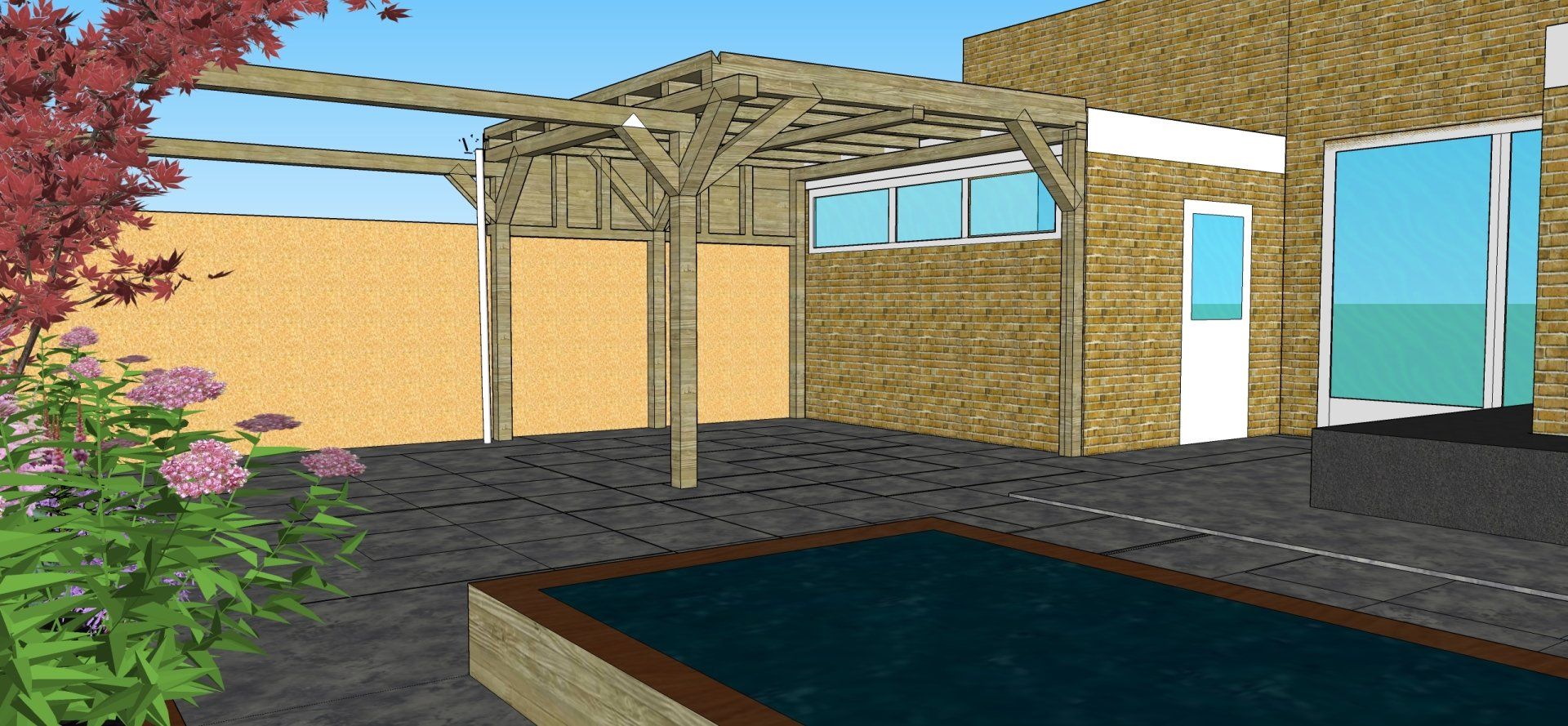 Een terras in de achtertuin met een pergola en een verhoogd zwembad. Een boom met rode bladeren en planten.