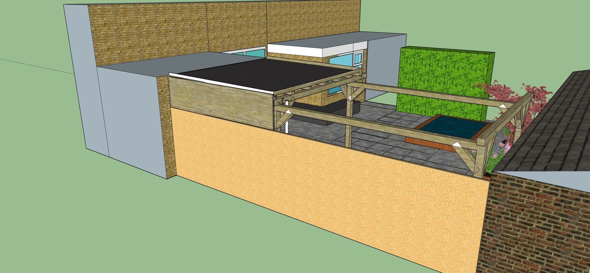 3D-model van een achtertuin met terras, pergola, stenen muren en beplanting.