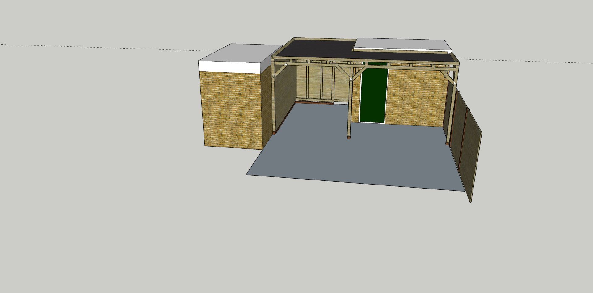 3D-weergave van een gebouw met een grijze vloer en houten muren. Een groene deur is zichtbaar.