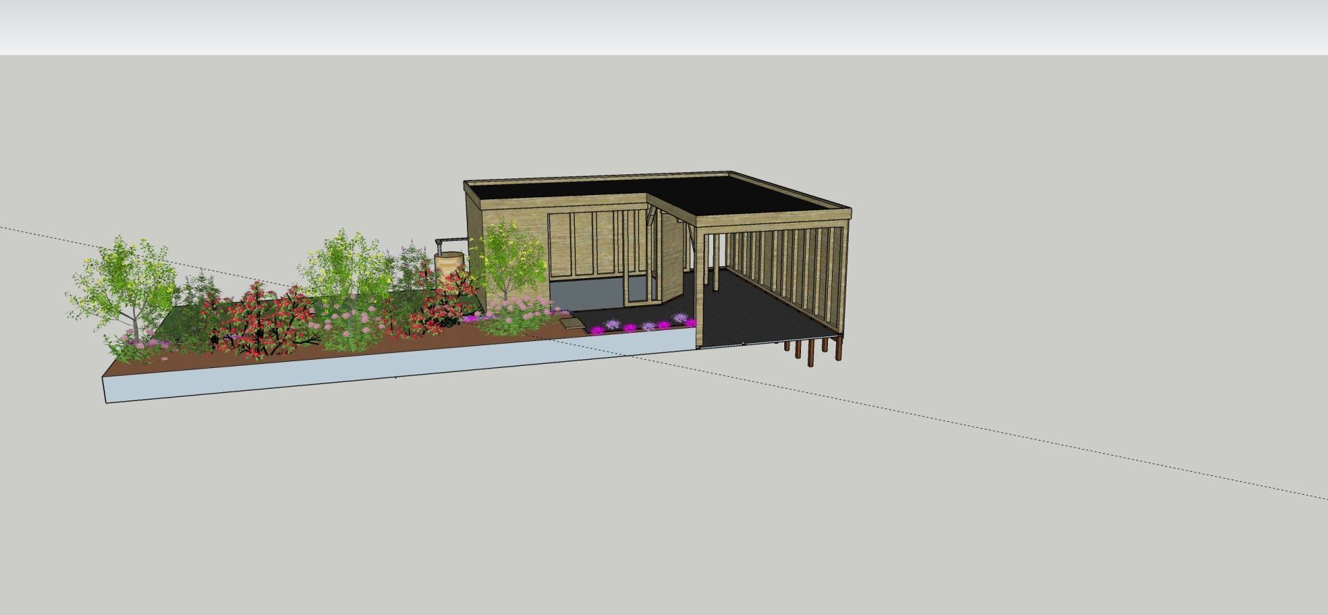 3D-model van een houten constructie met planten op de voorgrond, tegen een grijze achtergrond.
