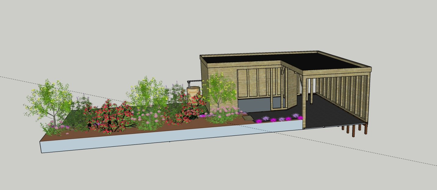 3D-weergave van een tuin met een houten constructie, planten en een verhoogd plantenbed.