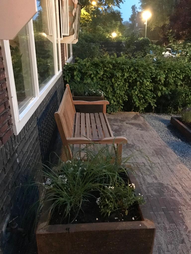 Houten bankje naast een bakstenen gebouw, naast een plantenbak met groen. Avondtafereel.