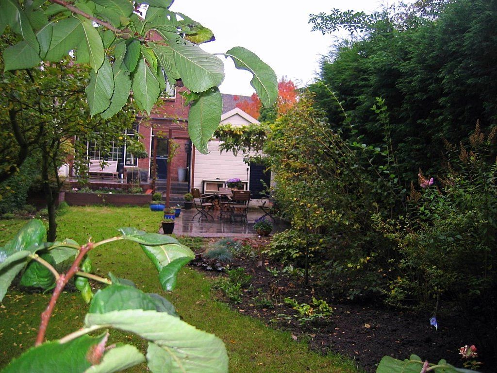 Achtertuin met groen gazon en diverse bomen. Huis en terras met meubilair zichtbaar.