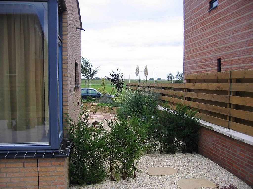 Kleine tuin met struiken, een stenen pad, een houten schutting en bakstenen gebouwen.