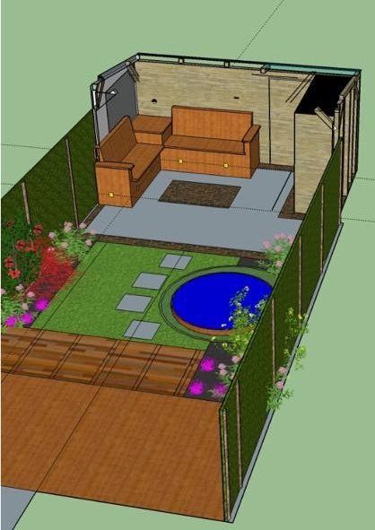 3D-weergave van een kleine achtertuin met een loungehoek, zwembad en omringende beplanting, omheind met een hek.