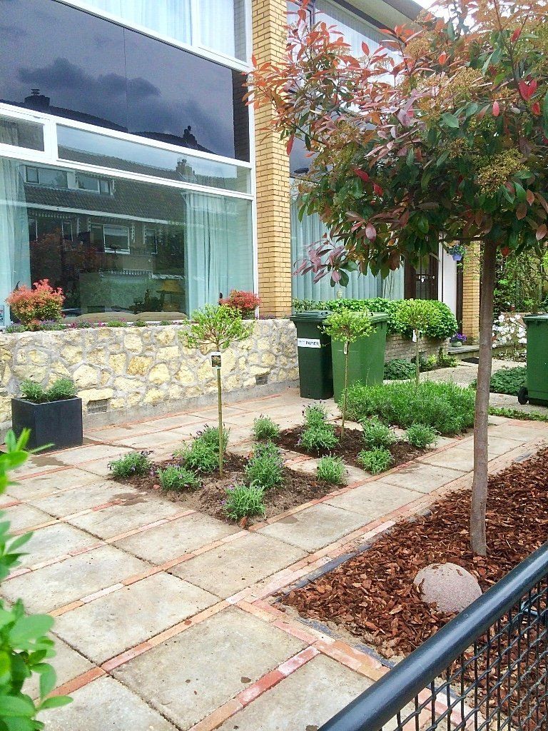 Buitenaanzicht van een huis met een kleine tuin. Een boom, plantenbakken, mulch en een betegeld pad zijn zichtbaar.
