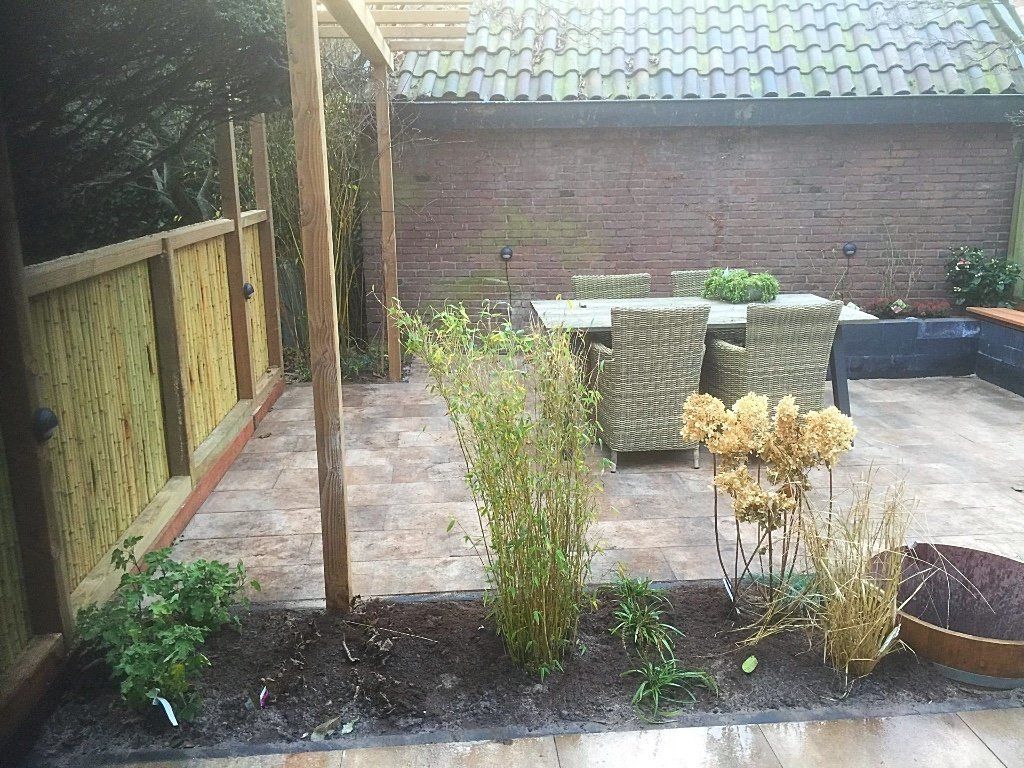 Terras in de achtertuin met bamboeschutting, eethoek en planten.