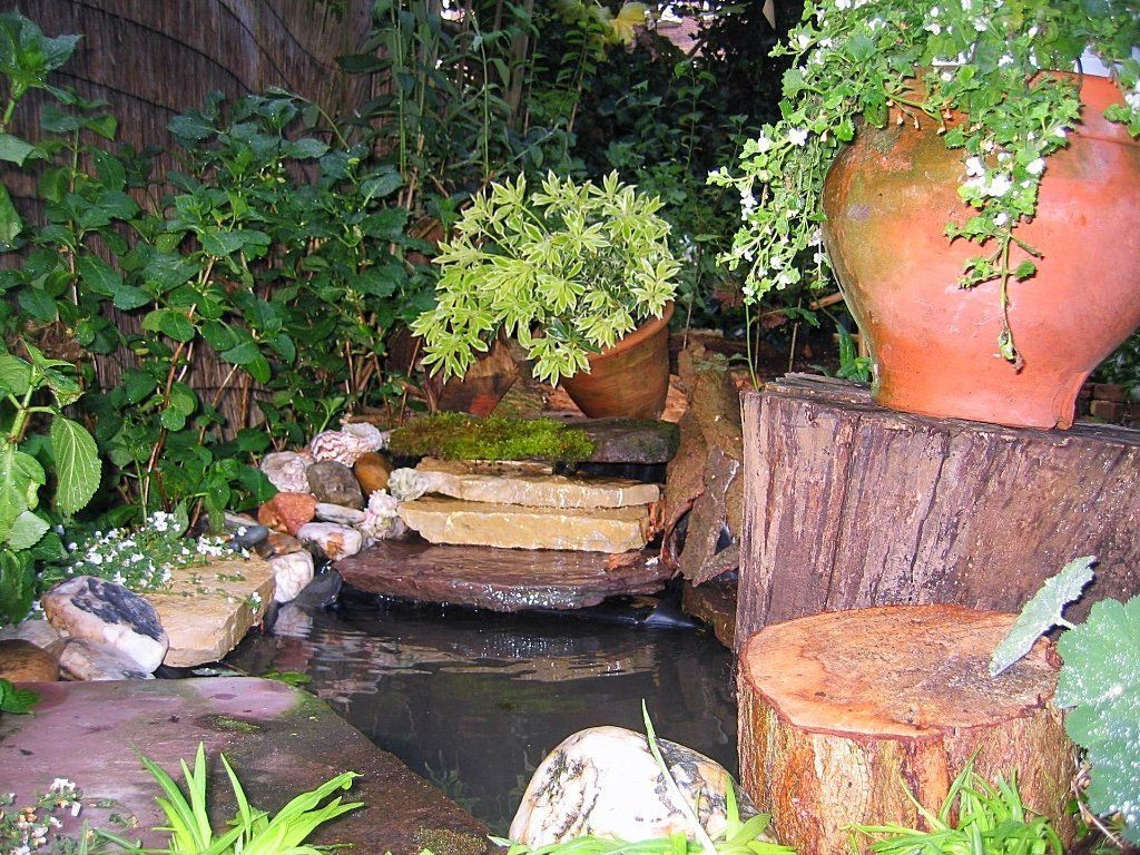 Een kleine tuinvijver met een watervalletje en potplanten; een rustiek, natuurlijk tafereel.