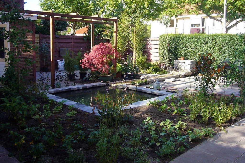 Tuin met een rechthoekige vijver, stenen borders en weelderig groen, waaronder een rode Japanse esdoorn en een houten pergola.