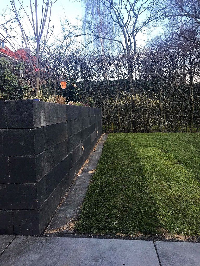 Een zwarte bakstenen muur met groen in een achtertuin, gras en bomen op de achtergrond.