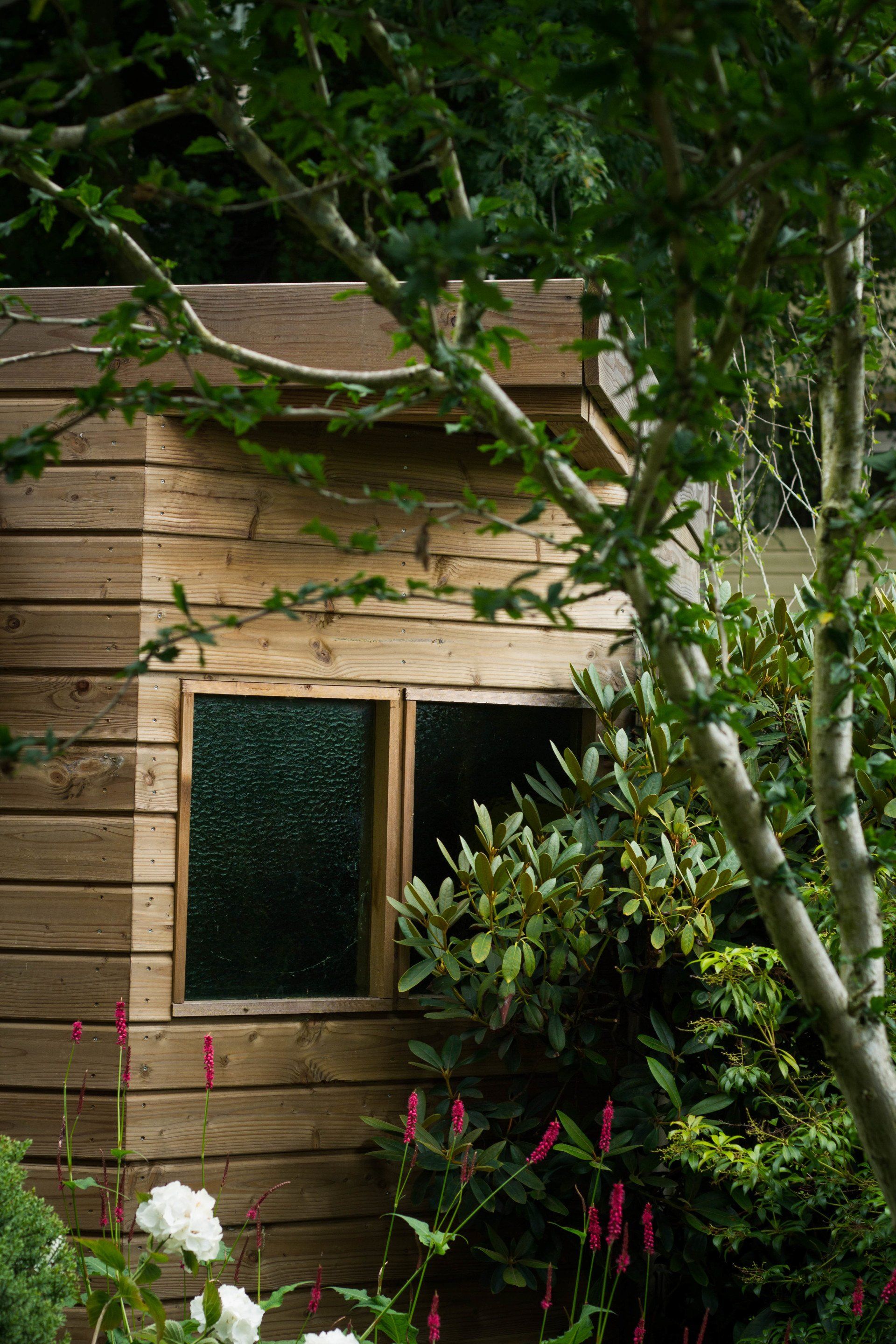 Houten schuur met twee ramen, omgeven door groen gebladerte en roze bloemen.