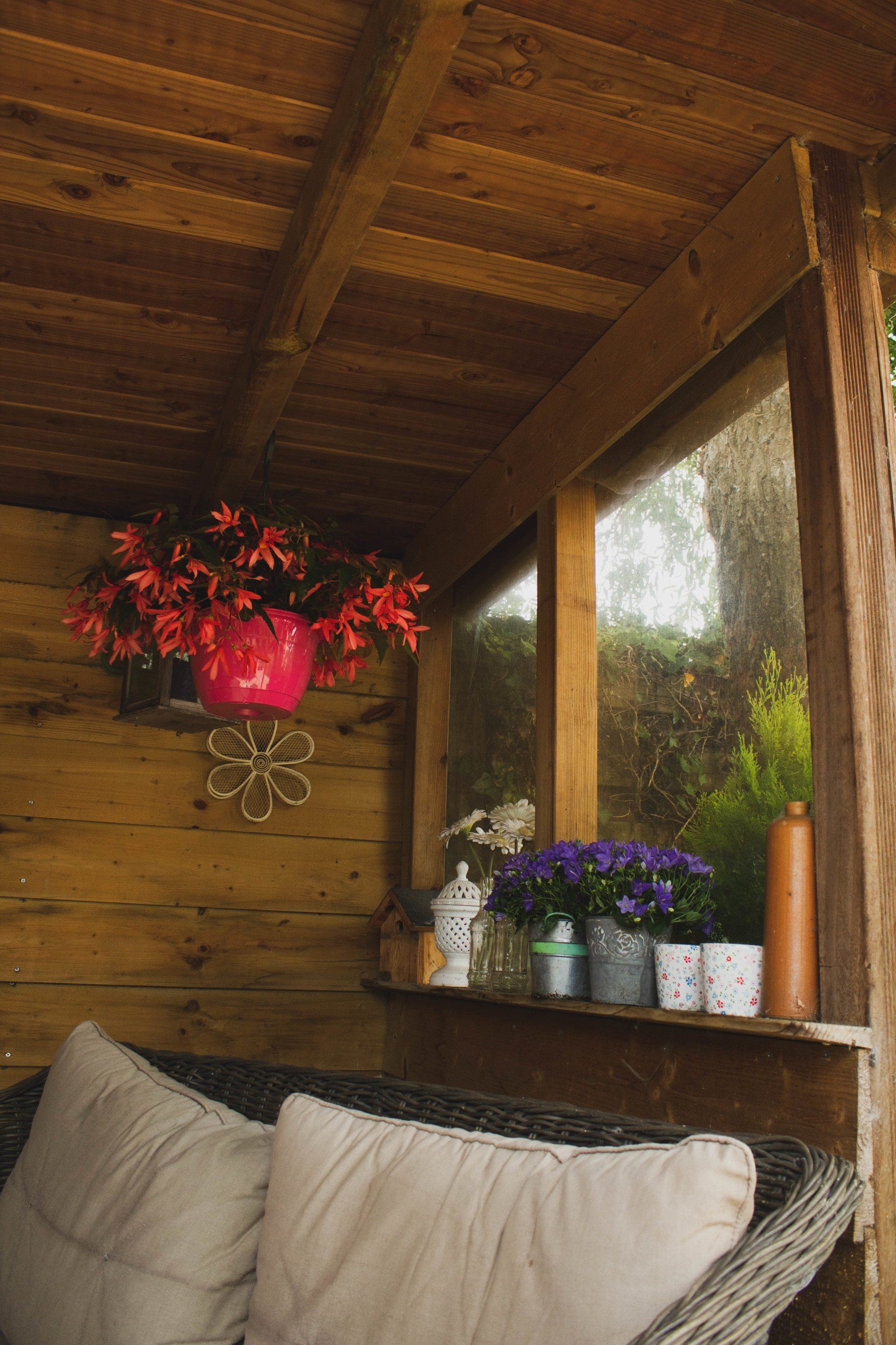 Gezellig interieur van een houten schuur met een raam dat uitkijkt op groen; roze hangbloemen, planten op een plank en kussens.