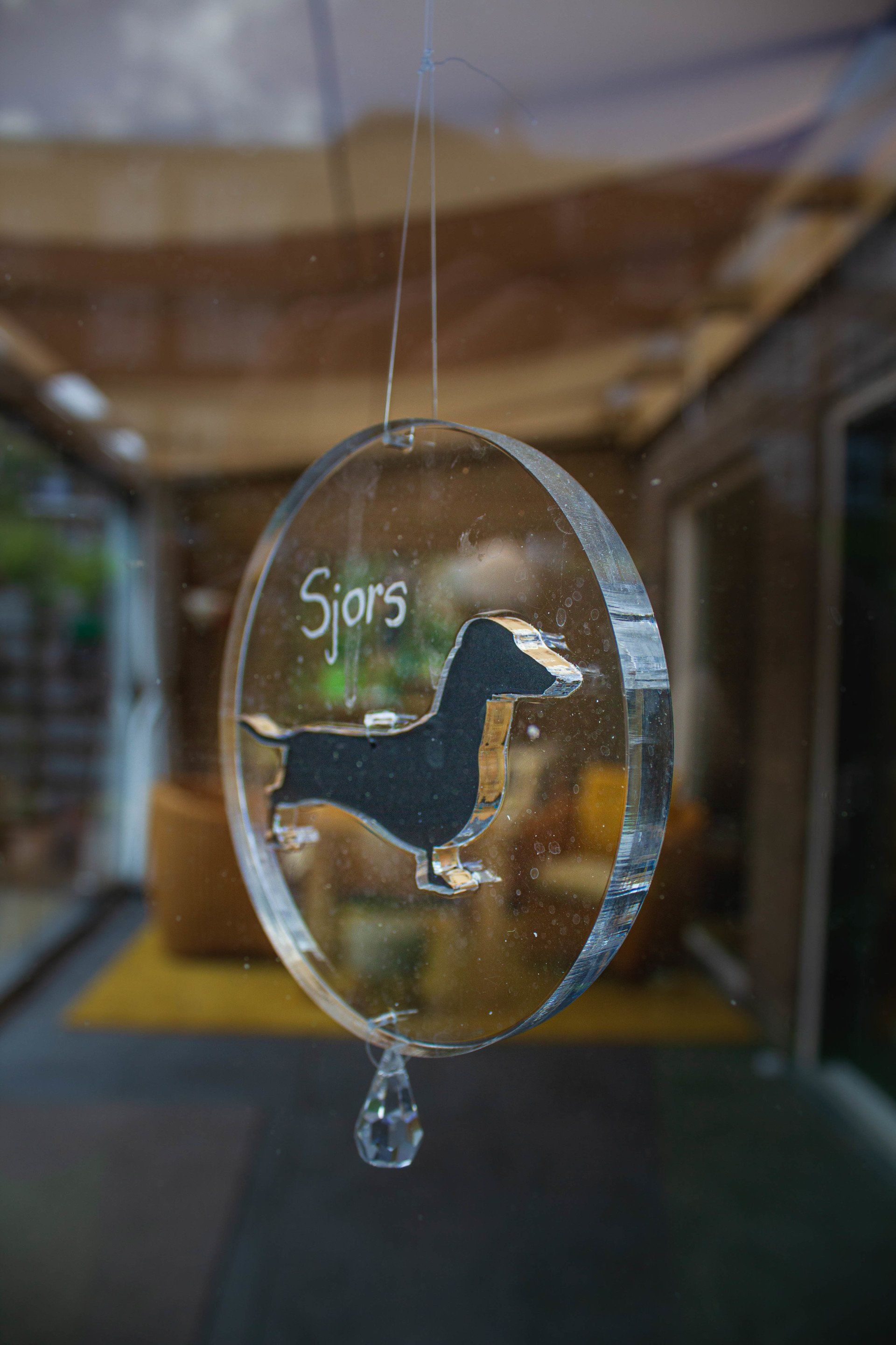Een transparante, ovale glazen decoratie met een silhouet van een teckel en de naam 