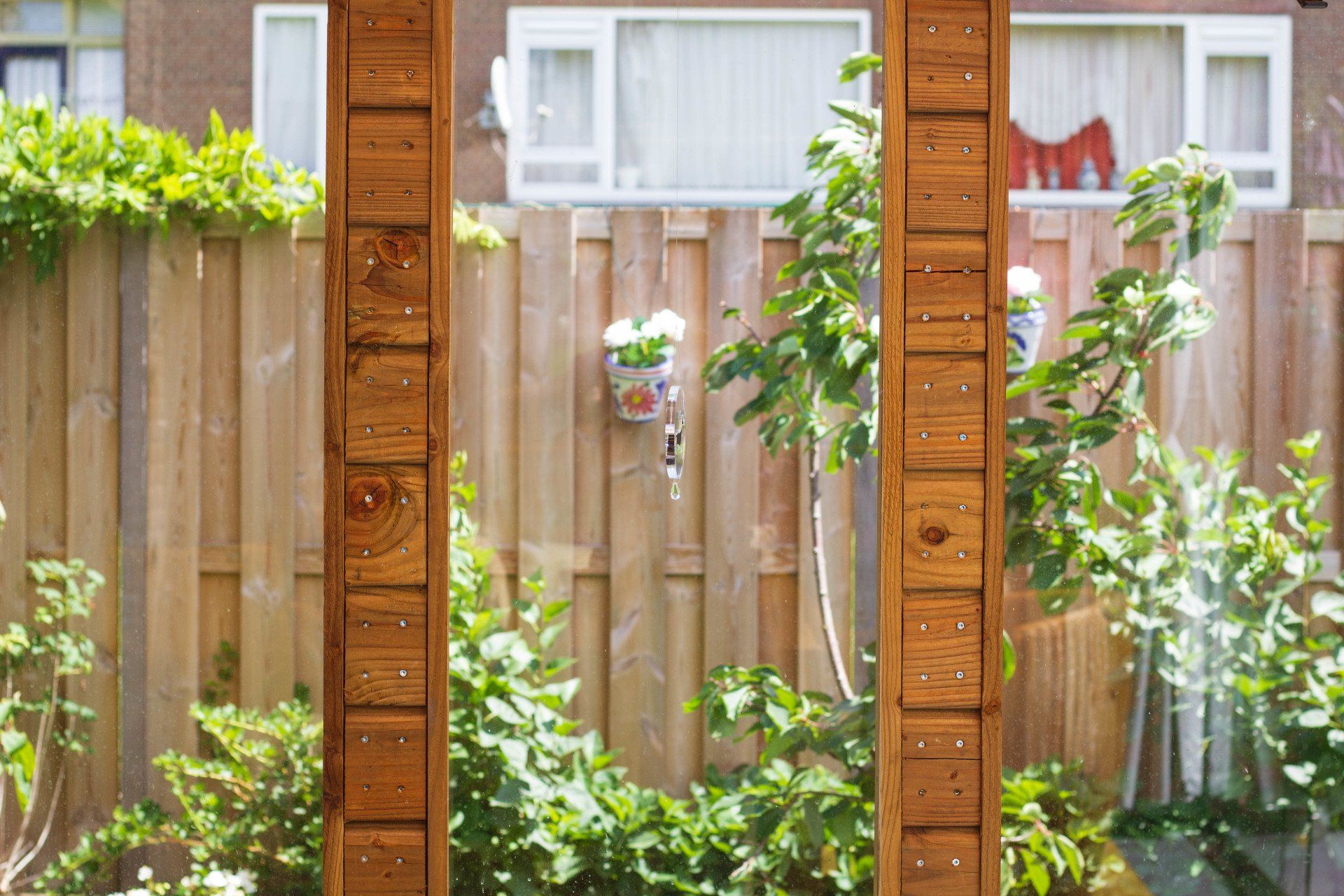Houten schutting, weelderige groene planten, uitzicht door het raam.