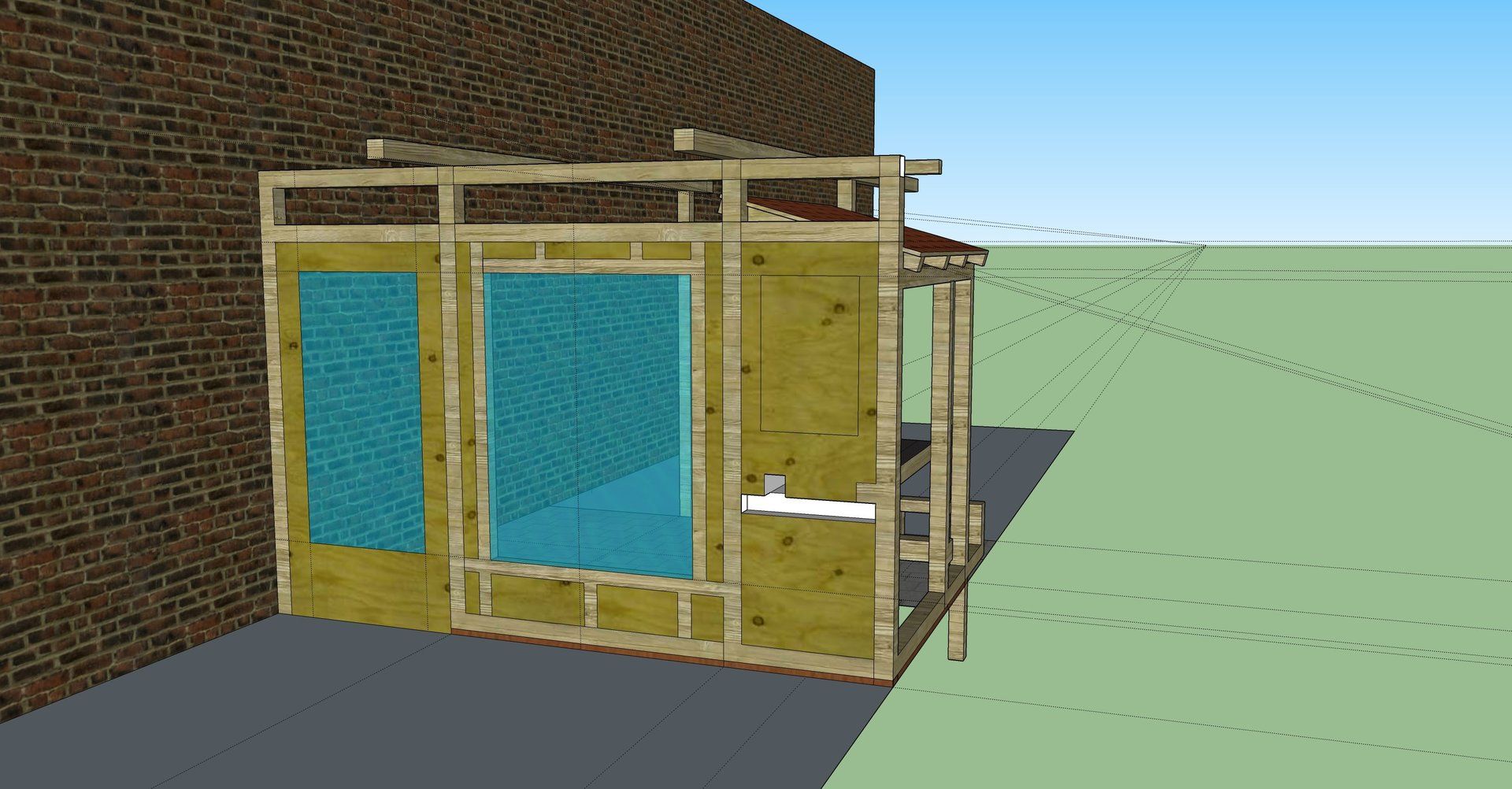 Een 3D-model van een houten constructie die aan een bakstenen muur is bevestigd, met glazen ramen en een klein dakje.