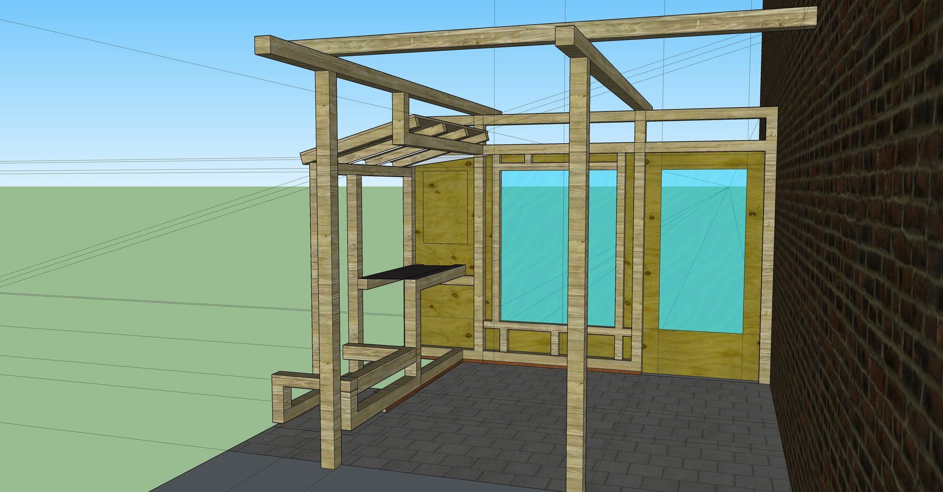 3D-weergave van een houten pergolaconstructie bevestigd aan een bakstenen muur met ramen.