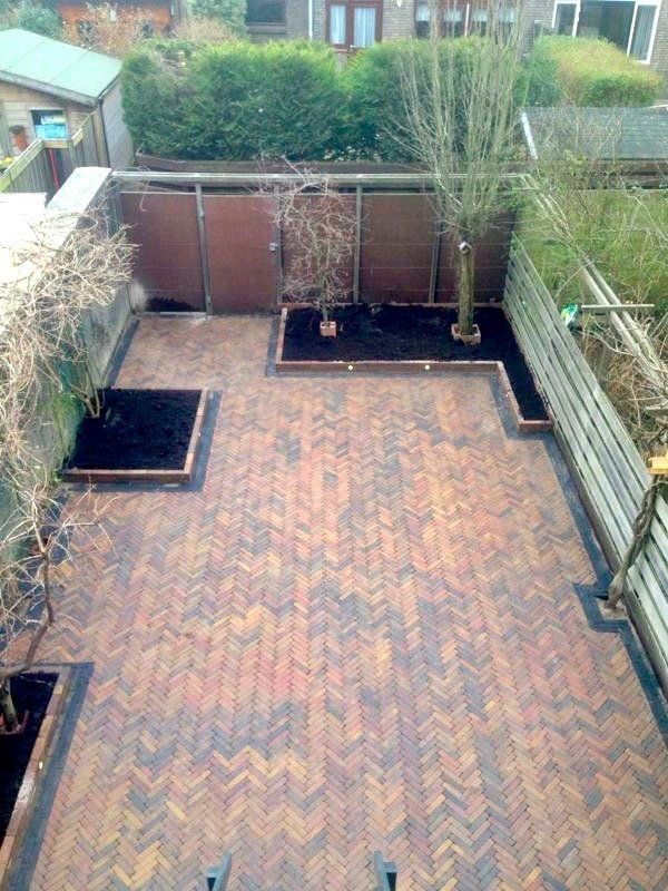 Een stenen terras met verhoogde plantenbedden en een paar jonge bomen, omgeven door een schutting.