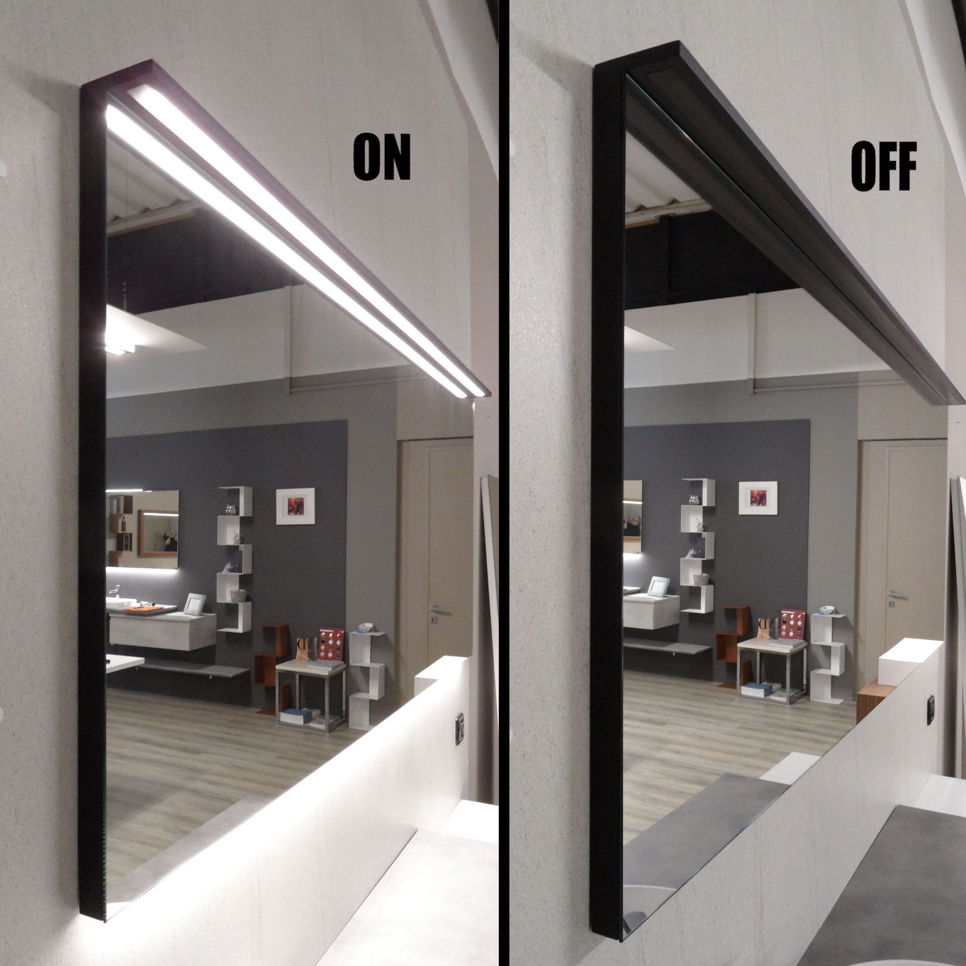 specchiera bagno nero con riga led e cover nera