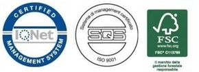Tre loghi di certificazione: IQNet, ISO 9001 e FSC su sfondo bianco.