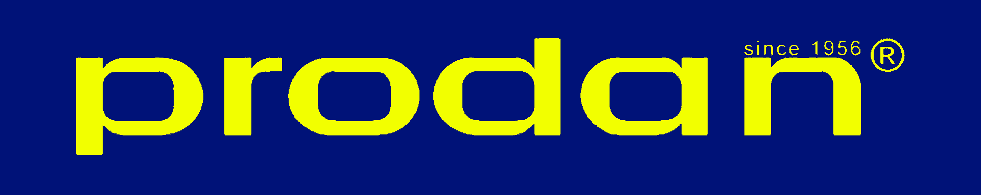 Gelber Schriftzug „prodan“ auf blauem Hintergrund, „since 1999“ und ein Symbol für eine eingetragene Marke.