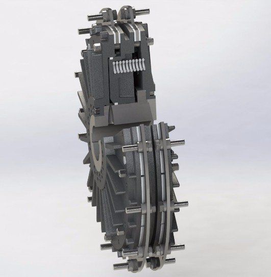3D-gerendertes Modell eines komplexen, mechanischen Rades mit mehreren geschichteten Abschnitten und hervorstehenden Zapfen.