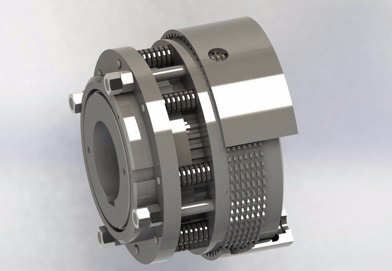 Close-up of a silver mechanical coupling device with bolts, springs, and a rotating outer ring.
