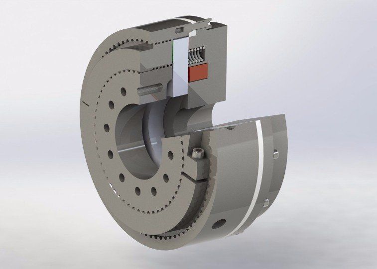 Schnittansicht eines mechanischen Bauteils, die Zahnräder, Lager und interne Mechanismen in Grautönen zeigt.