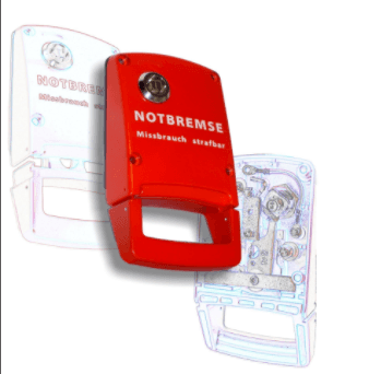 Rote Notbremsvorrichtung „NOTBREMSE“. Deutscher Text.