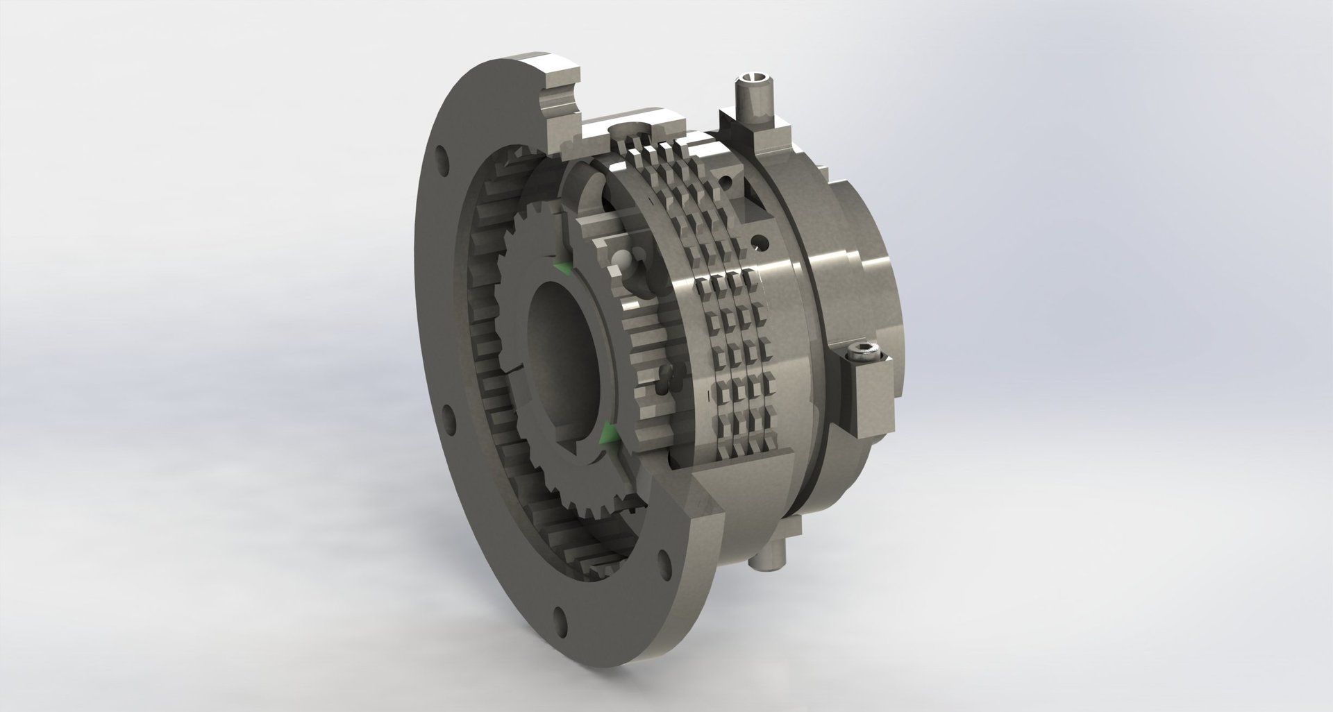 Schnittansicht einer mechanischen Vorrichtung mit Zahnrädern und einem kreisförmigen Gehäuse, in Graustufen dargestellt.