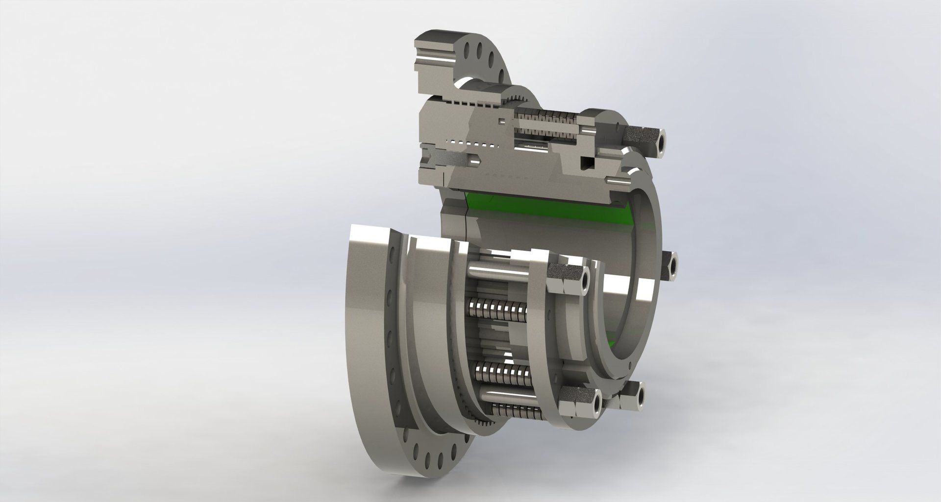 Schnittansicht eines metallischen Industrieventils mit mehreren Komponenten, die die internen Mechanismen sichtbar macht.