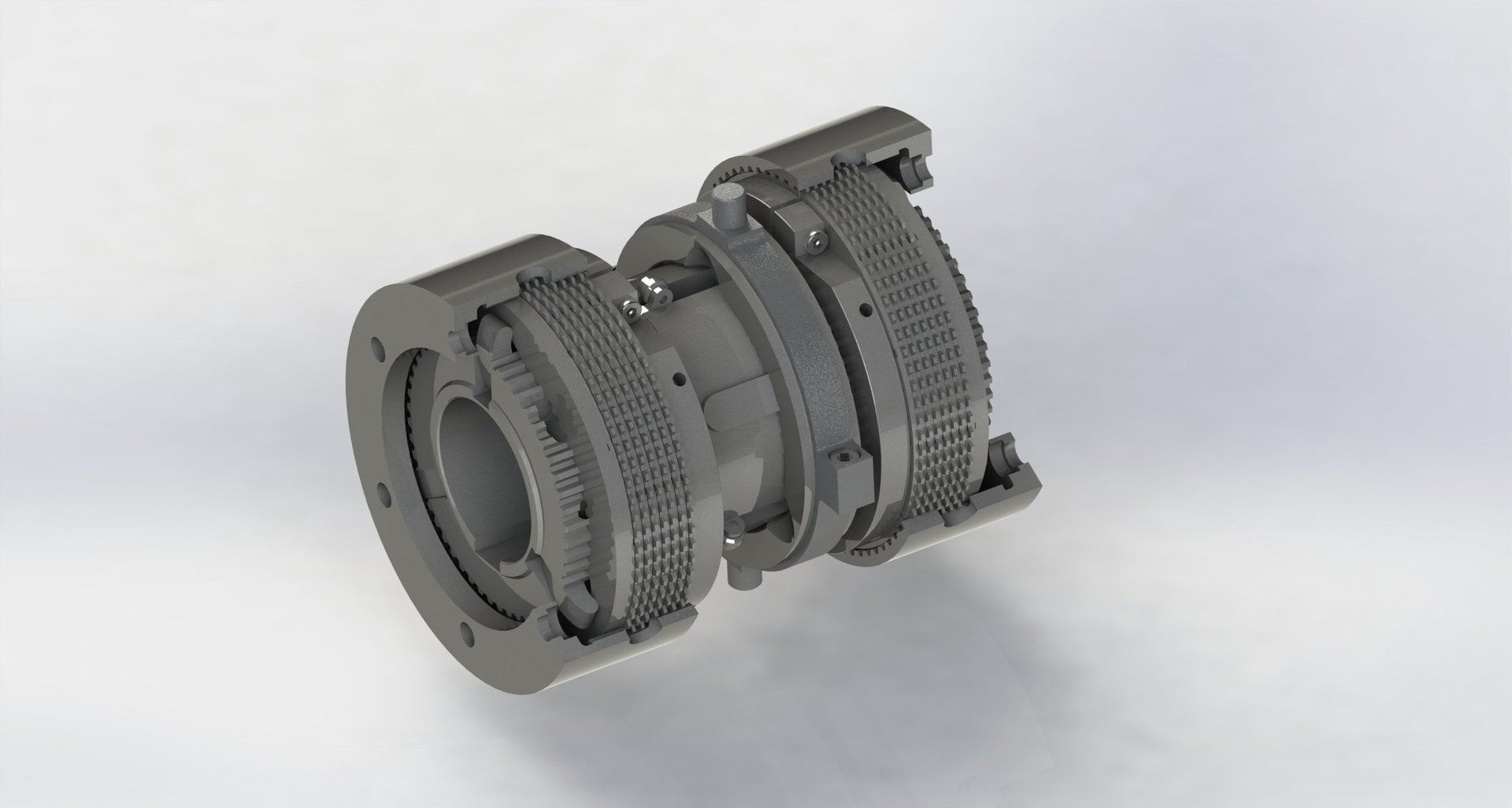 Ein 3D-Modell einer komplexen mechanischen Baugruppe, wahrscheinlich ein Teil einer Maschine oder eines Motors.