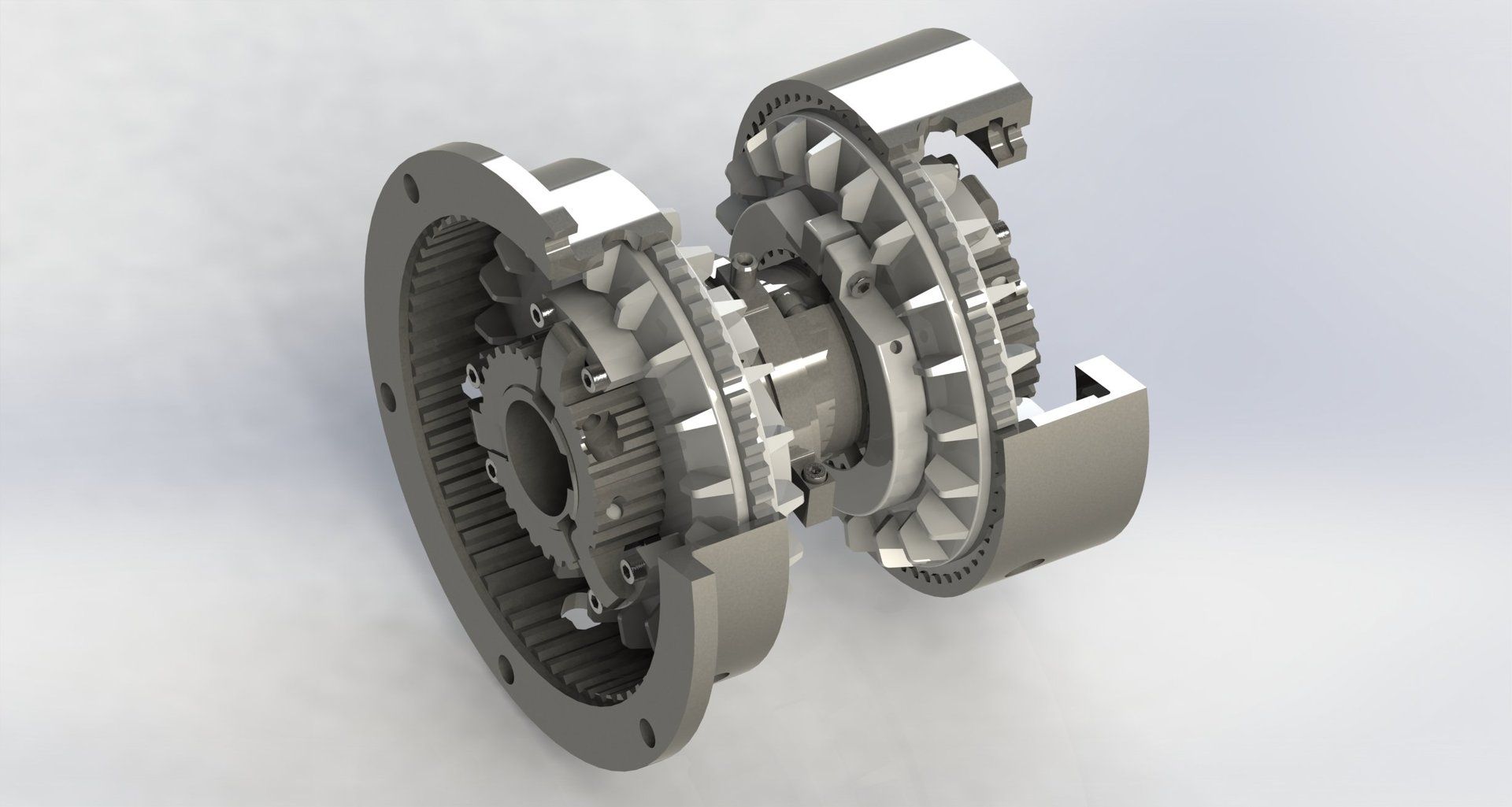 Ein 3D-Modell einer komplexen mechanischen Baugruppe, wahrscheinlich Zahnräder und Gehäuse, in Grau dargestellt.