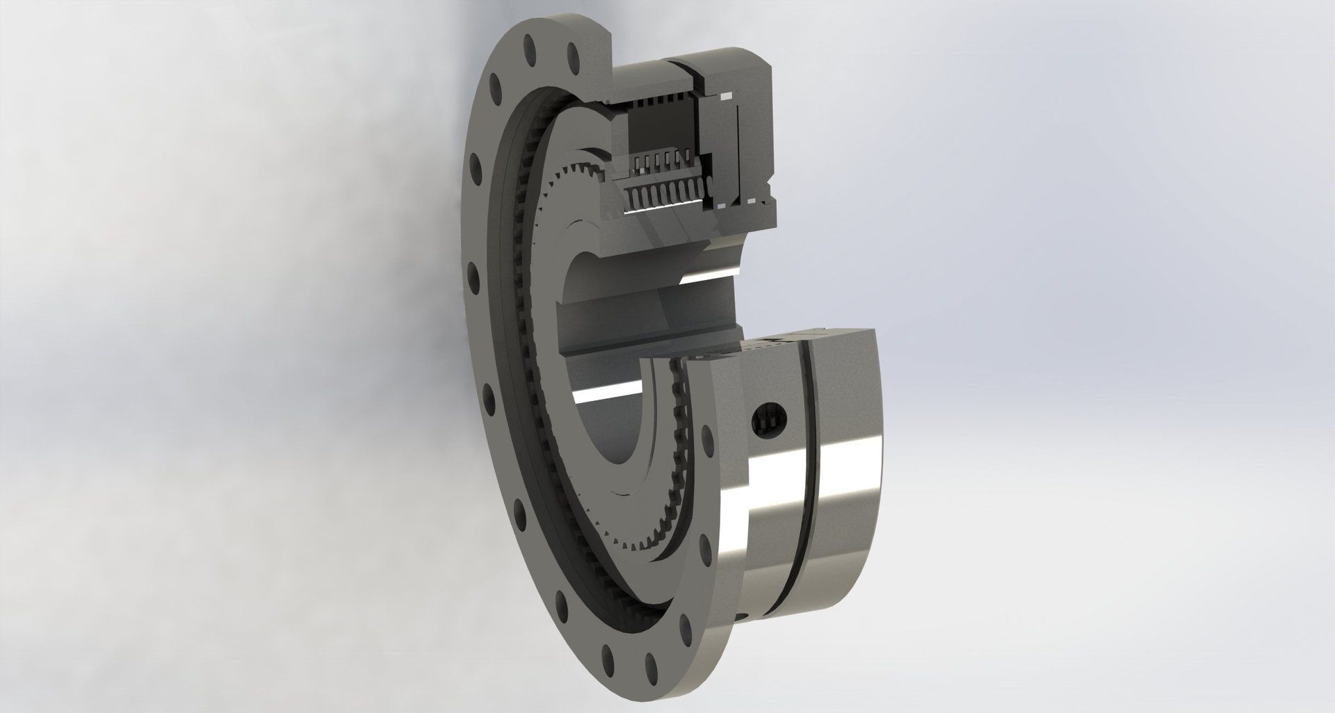 Schnittansicht einer mechanischen Vorrichtung mit Zahnrädern, einem Flansch und zylindrischen Bauteilen.