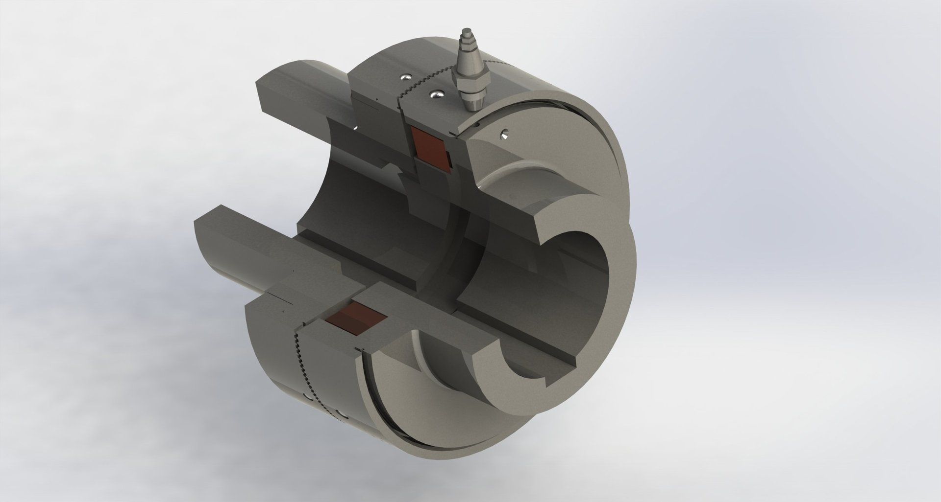 Gray mechanical part with cutaway revealing inner structure. A pin protrudes from the top.