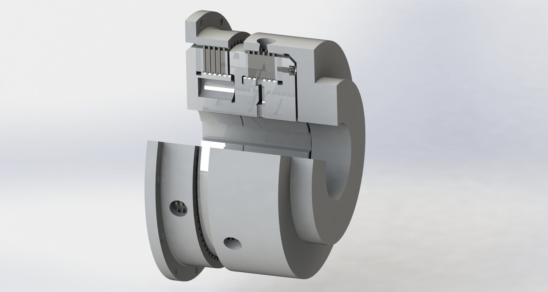 Querschnittansicht eines mechanischen Bauteils, die interne Teile und die Struktur in verschiedenen Graustufen zeigt.