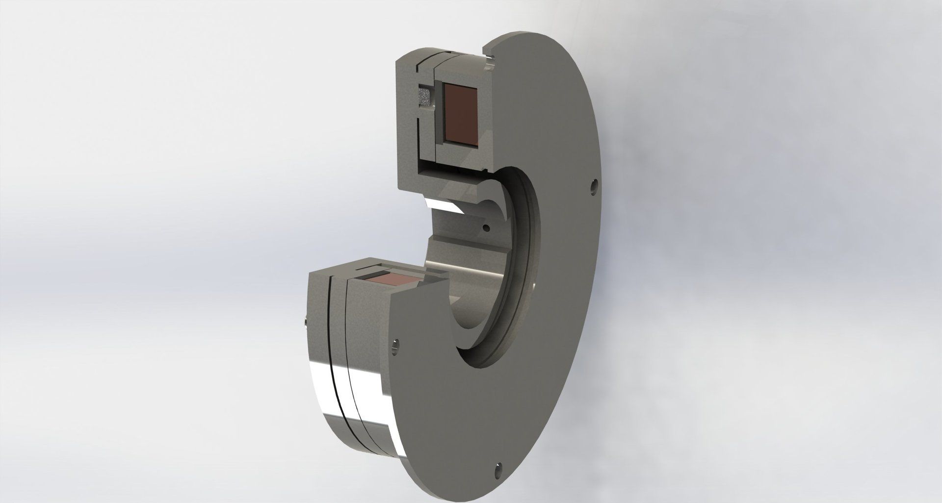 Schnittansicht eines grauen mechanischen Bauteils mit kreisförmiger Form, die die inneren Strukturen sichtbar macht.