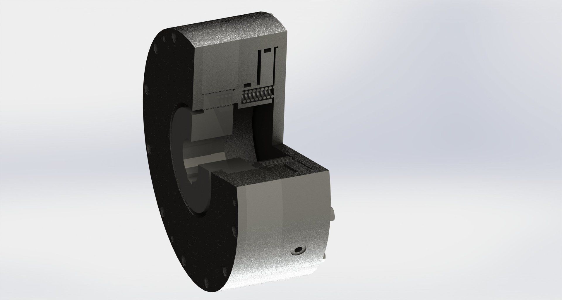 Eine 3D-Darstellung eines aufgeschnittenen mechanischen Bauteils, die interne Komponenten und Formen zeigt.