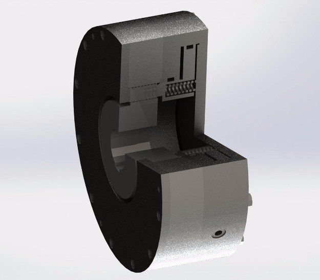 Schnittansicht eines zylindrischen mechanischen Bauteils, die interne Komponenten wie Federn und Lager in Dunkelgrau zeigt.